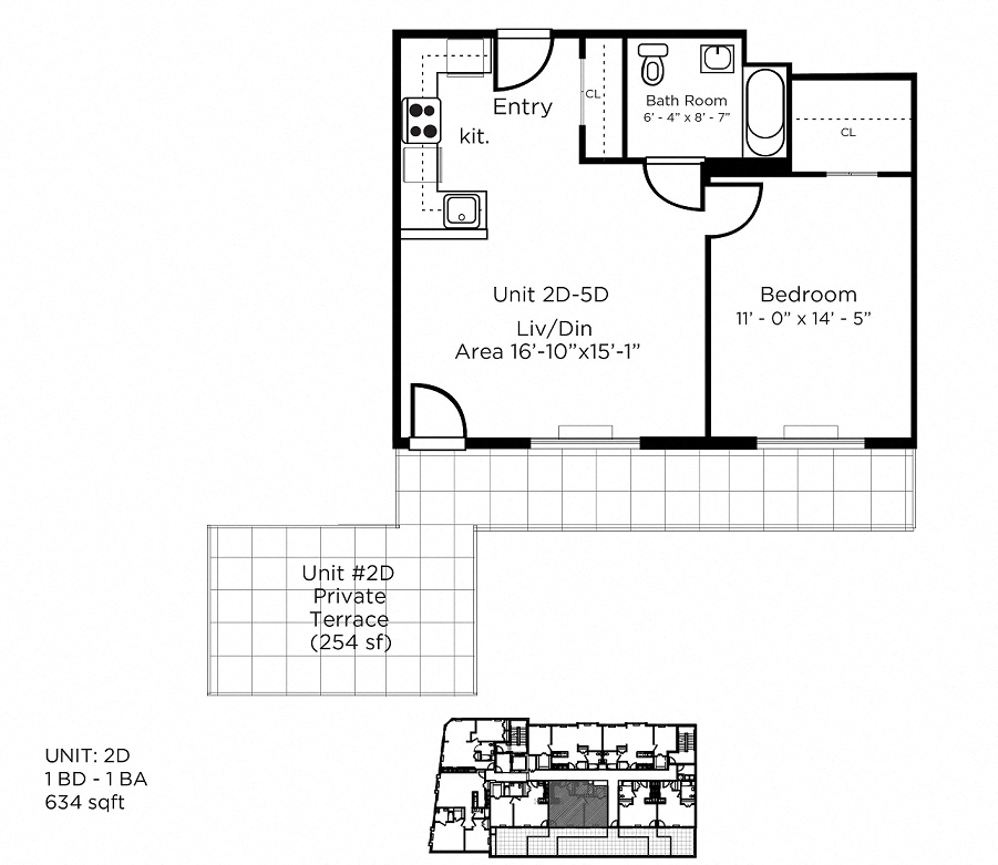 Floor plan for 1 bed, 1 bath, 634 sqft